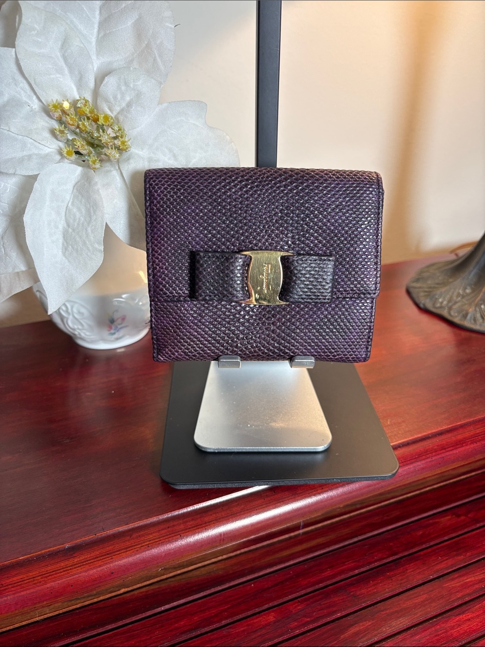 Salvatore Ferragamo Vara Textured Bow Wallet in Plum